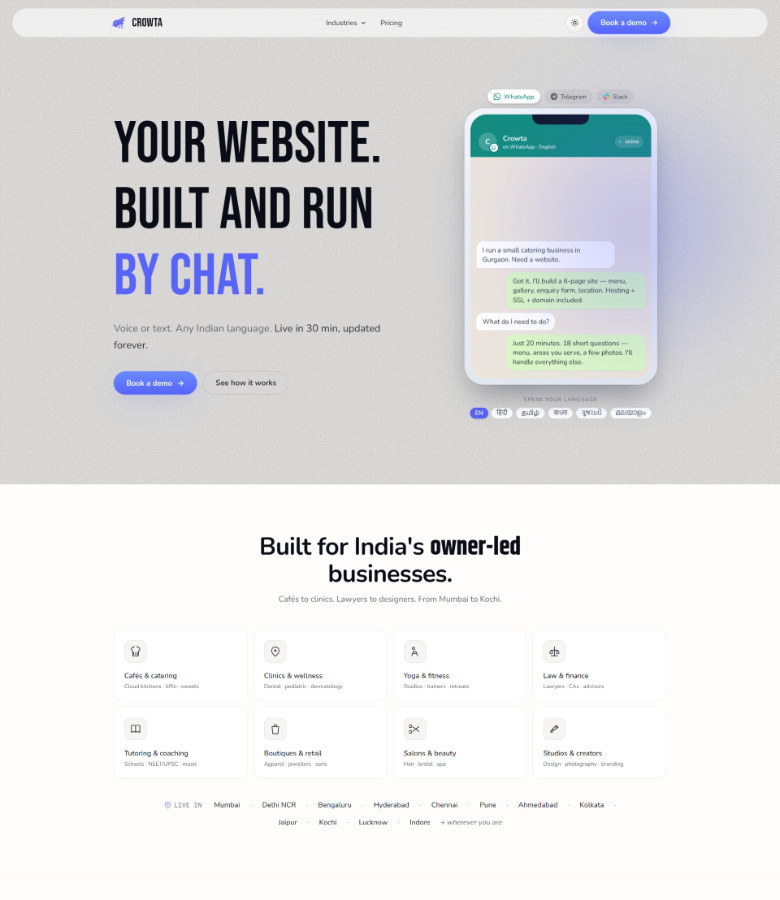 The Crowta home page, showing a WhatsApp conversation building a website.