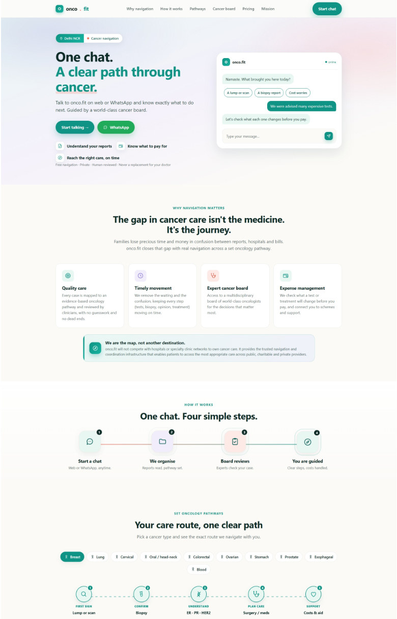 The onco.fit home page, showing a chat about a patient's cancer reports and costs.