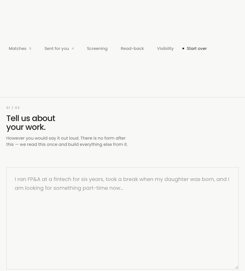 The Openwork candidate intake: “Tell us about your work”, with one large free-text box and an example answer written in a candidate's own words.