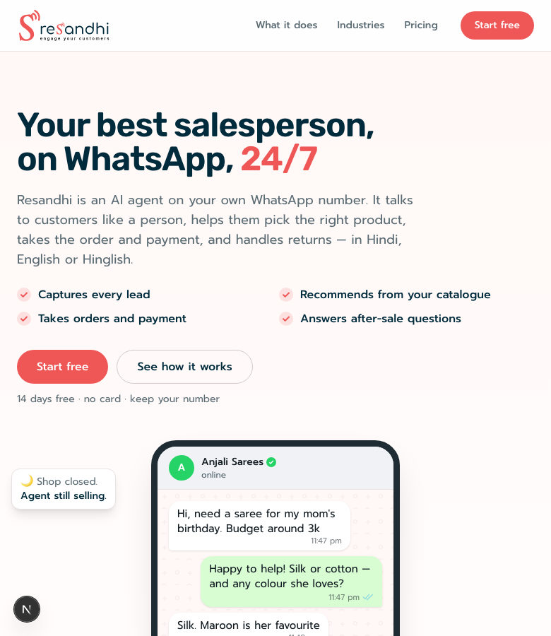 The Resandhi home page: “Your best salesperson, on WhatsApp, 24/7”, beside a phone showing a customer asking for a saree and the agent replying.