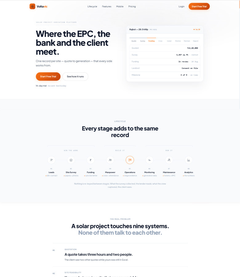The Voltavic home page, showing an electricity bill converted into a bill of materials.